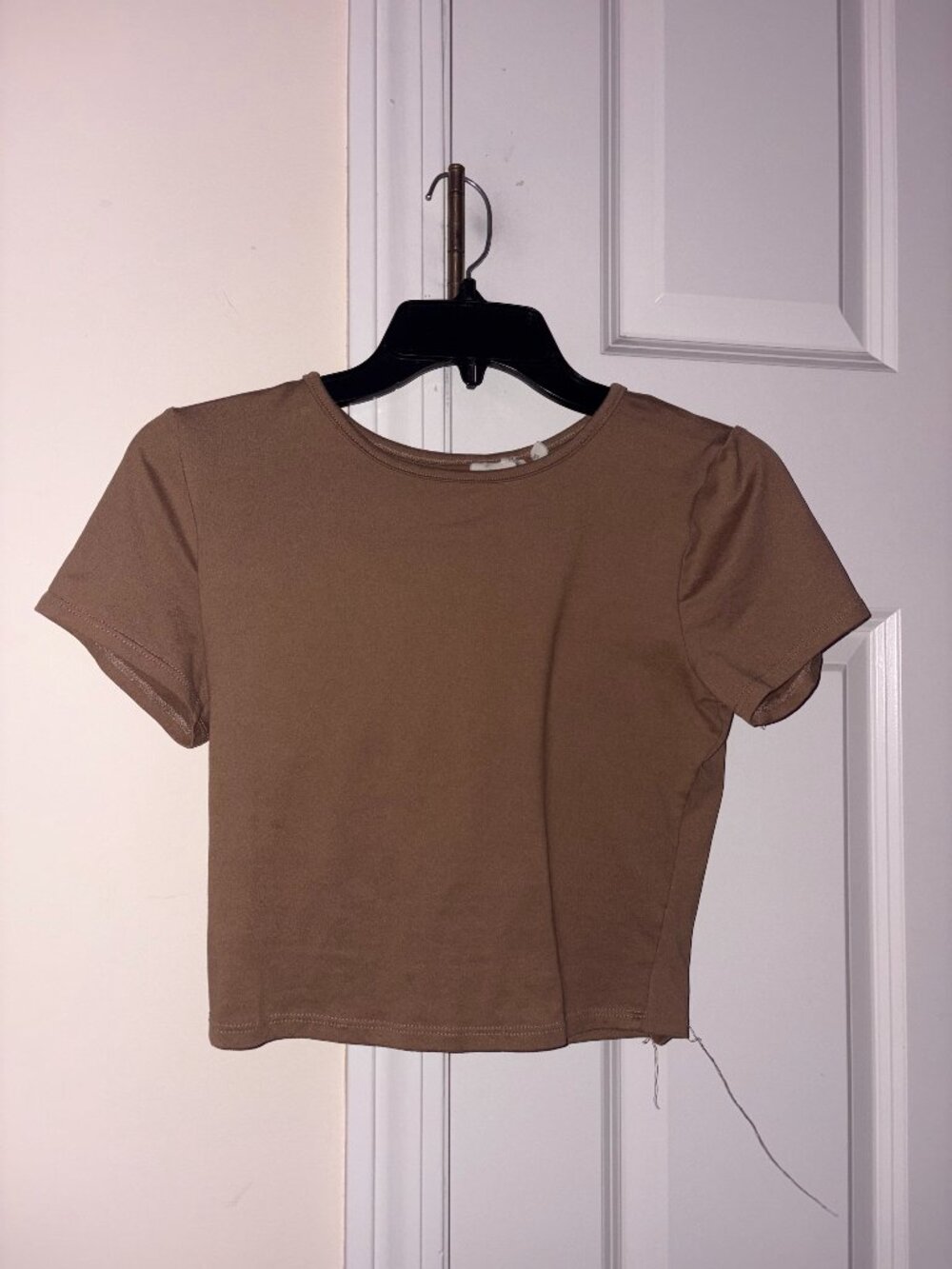 Crop top, solid light brown, women's size XS.
